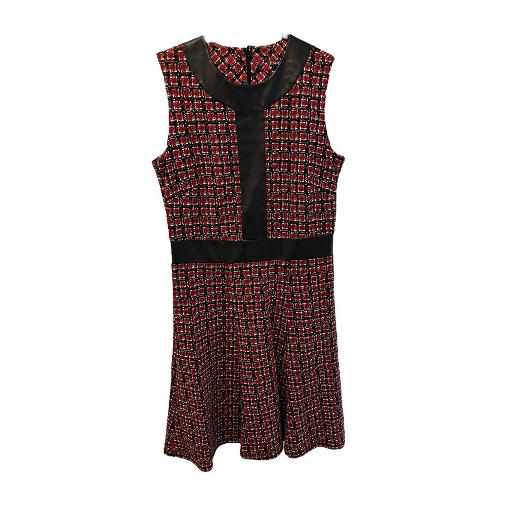 J.McLaughlin Women's Sleeveless Plaid Tweed Pattern Dress w/ Leather Accents (S)